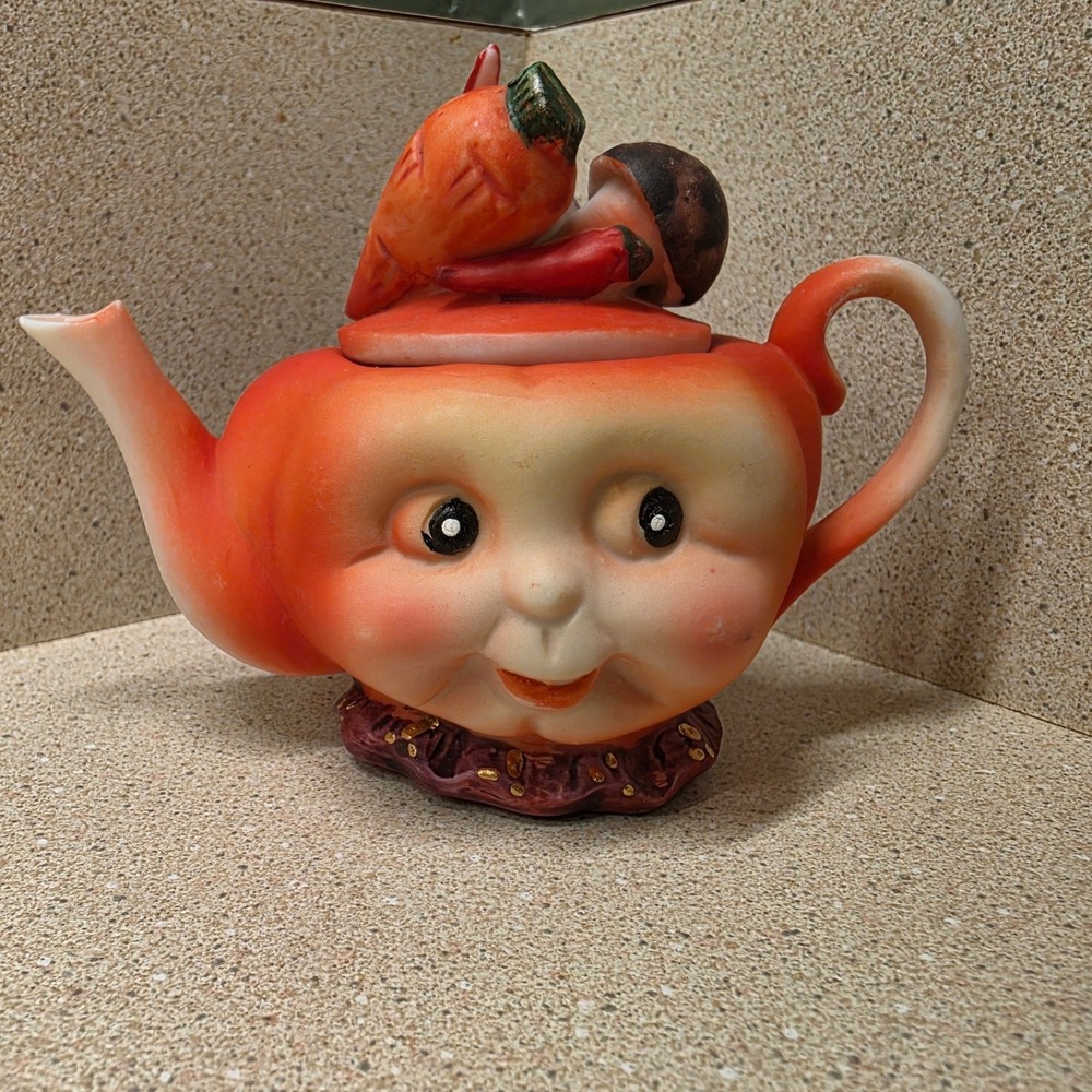 Small Orange Anthropomorphic Teapot Vegetable Face Kitsch Novelty Decor